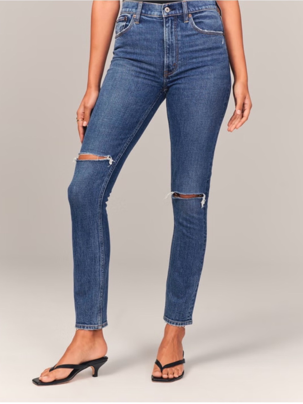 Abercrombie & Fitch The Skinny High-Rise Slim Jean with Knee Rips - Dark Blue